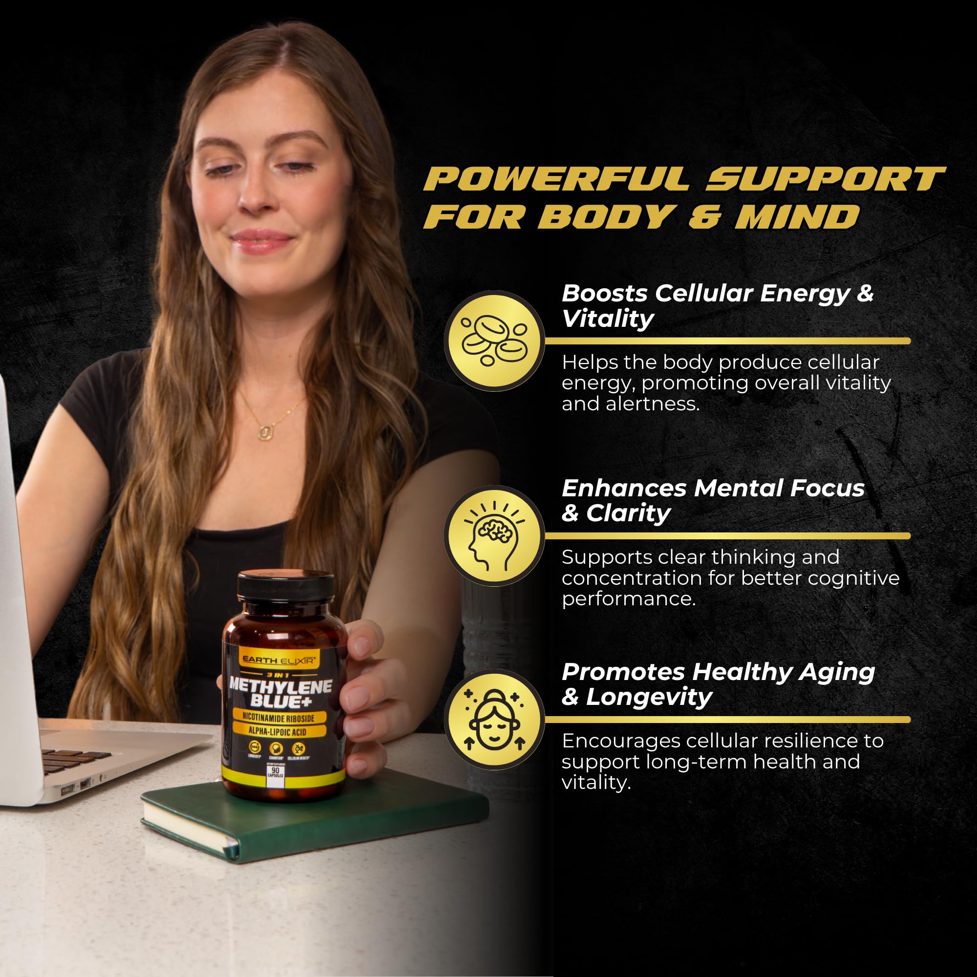 Earth Elixir bottle label notes NAD support and ALA antioxidants.