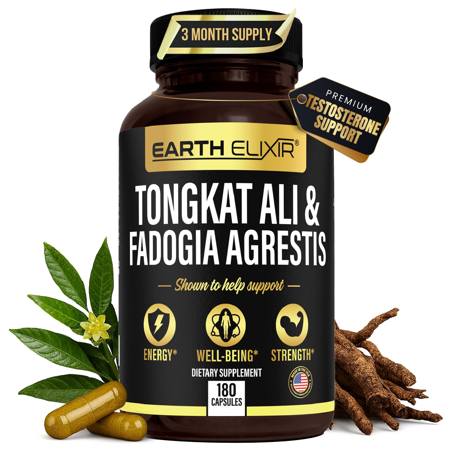 Earth Elixir bottle showing easy daily energy support from Fadogia Agrestis and Tongkat Ali.