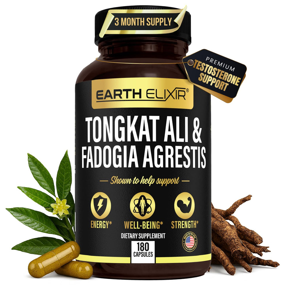Earth Elixir bottle showing easy daily energy support from Fadogia Agrestis and Tongkat Ali.