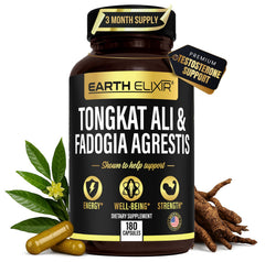 Earth Elixir bottle showing easy daily energy support from Fadogia Agrestis and Tongkat Ali.