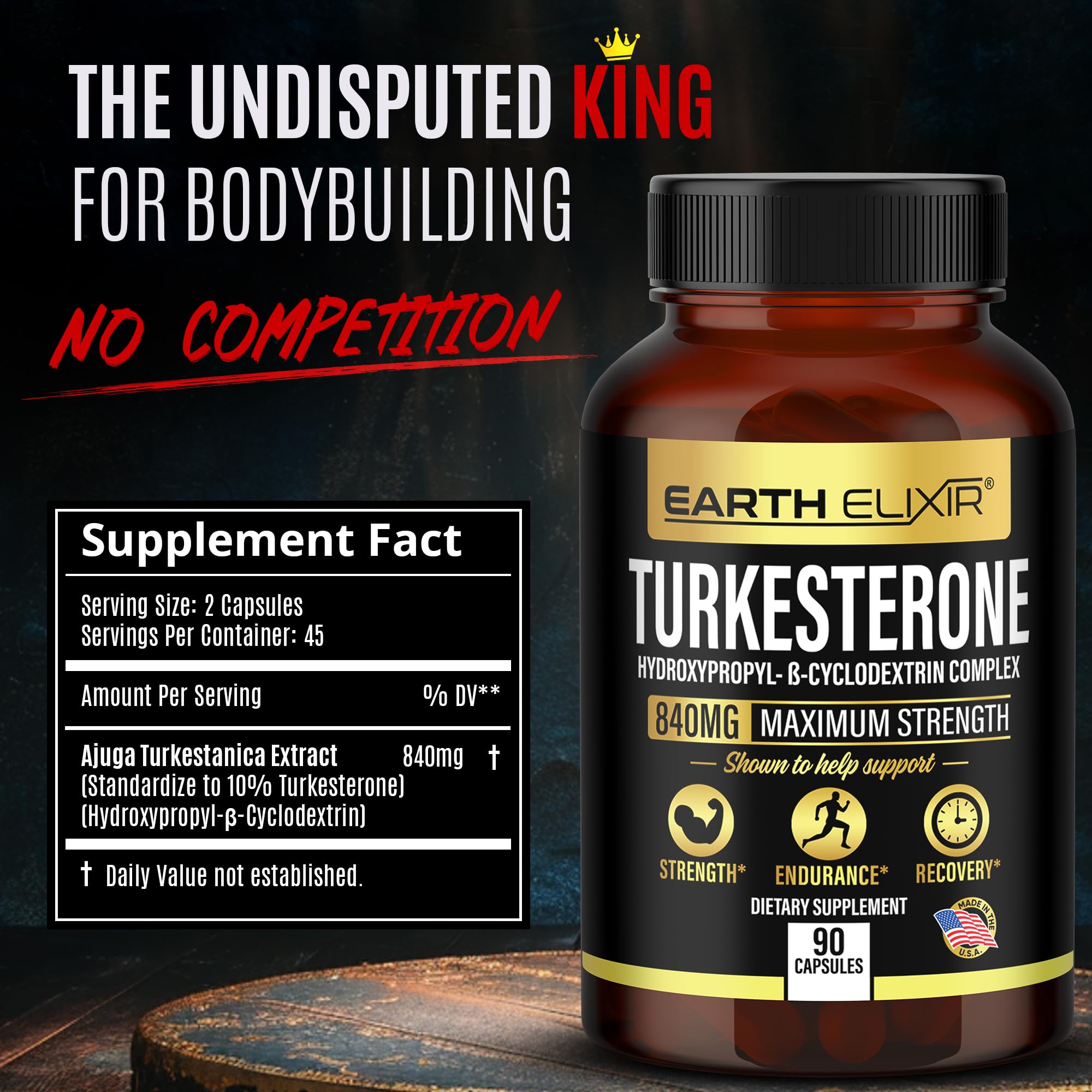 Earth Elixir Turkesterone bottle close-up – clean, single-ingredient daily use.