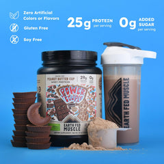 Earth Fed Muscle shake in glass highlights chocolate peanut butter flavor.