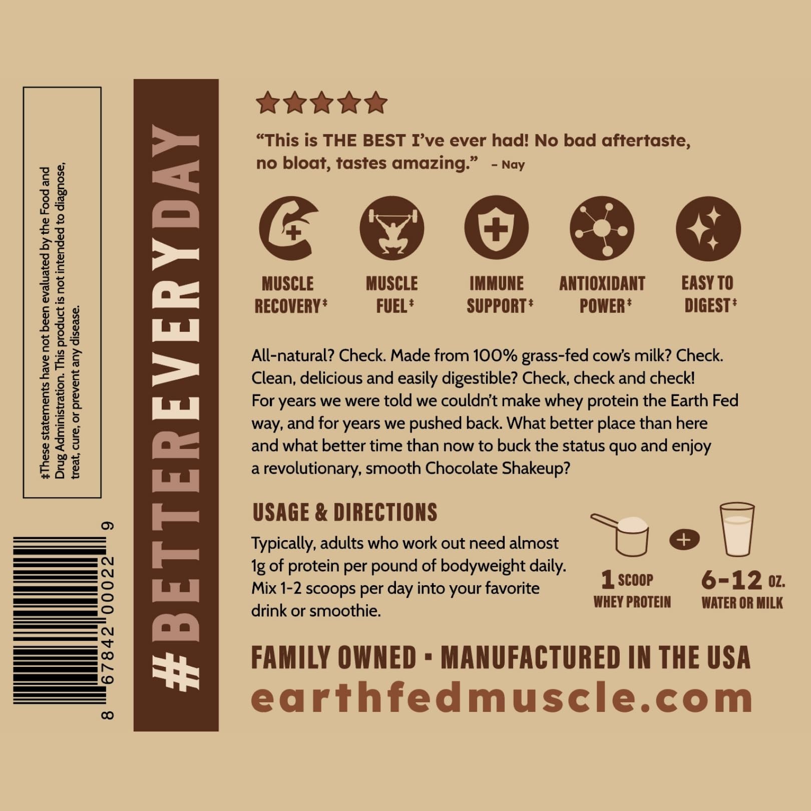 Earth Fed Muscle Shakeup chocolate shake in glass underscores rich flavor