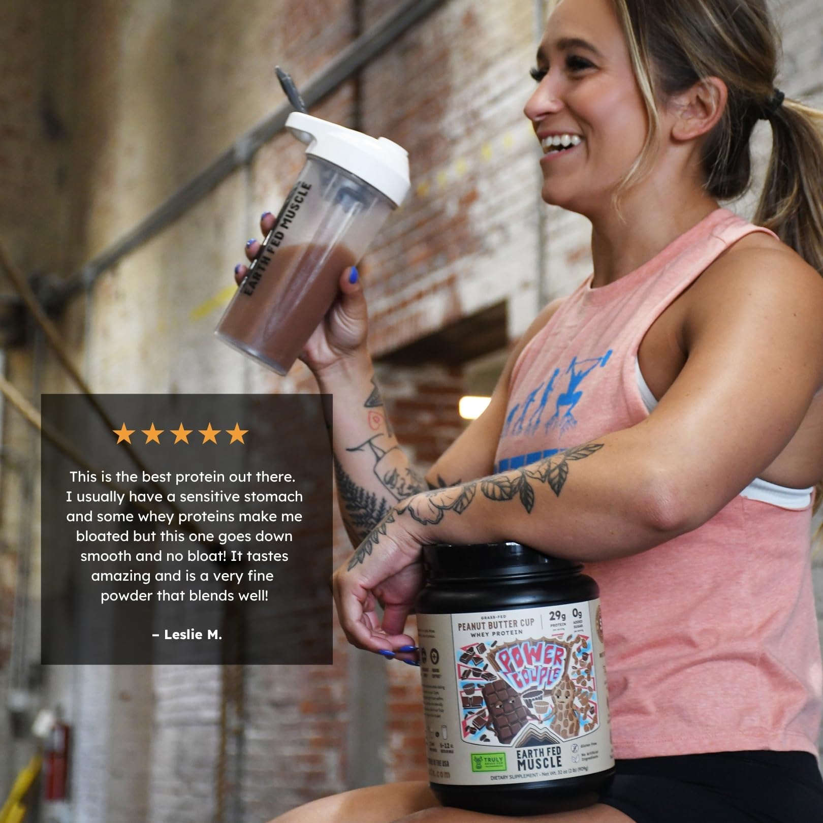 Earth Fed Muscle four-ingredient formula showcases gluten-free protein powder.