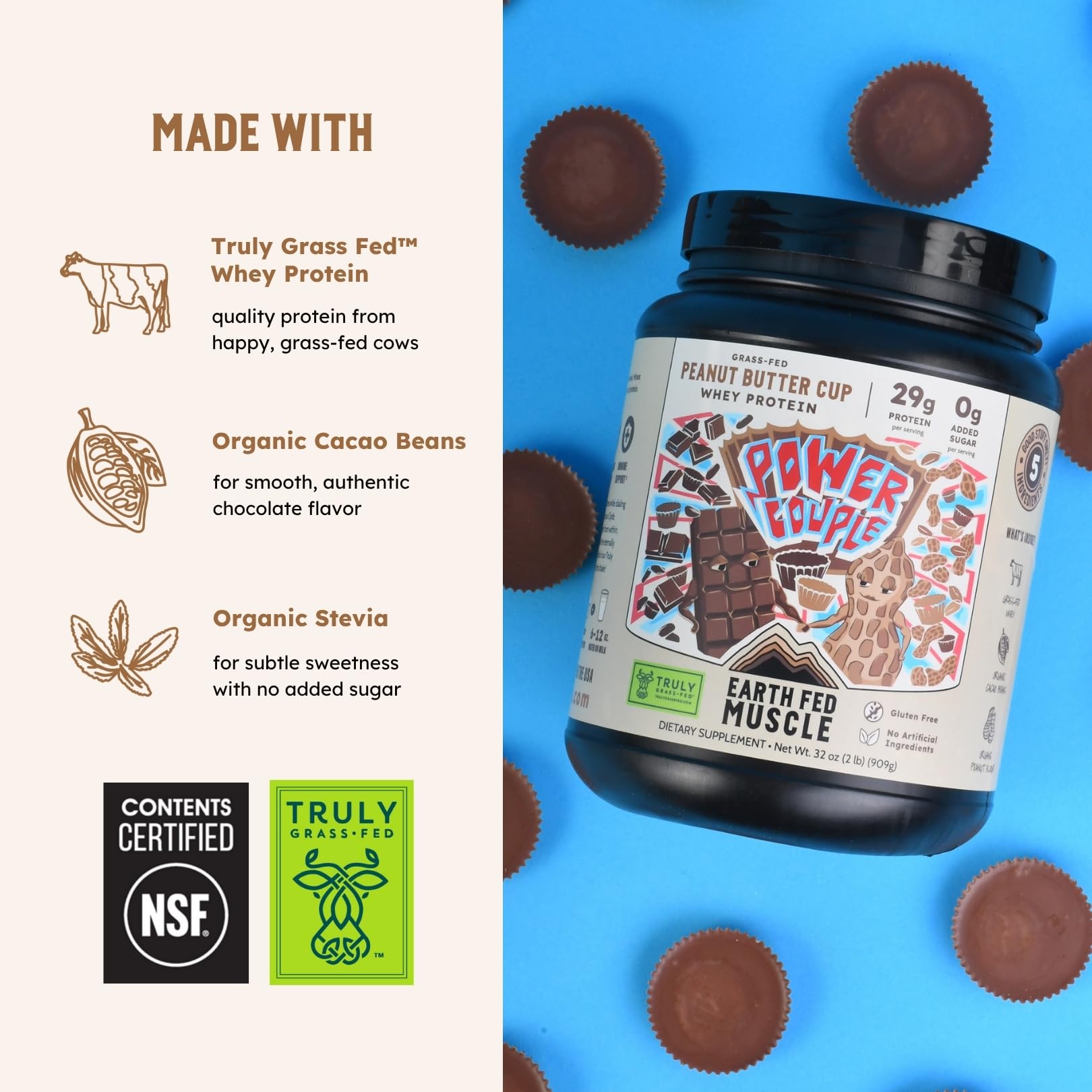 Earth Fed Muscle organic peanut flour and cocoa emphasize clean ingredients.