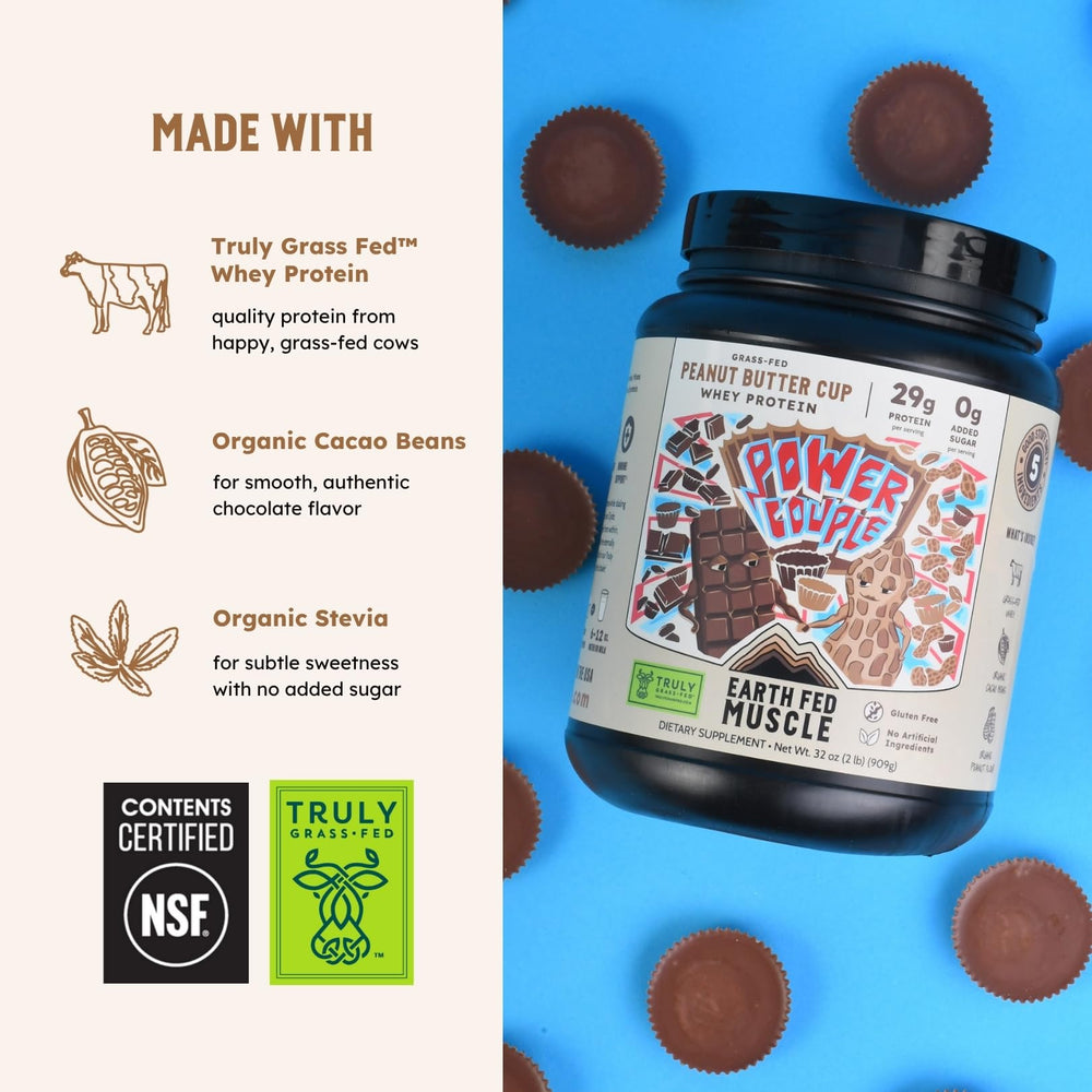 Earth Fed Muscle organic peanut flour and cocoa emphasize clean ingredients.