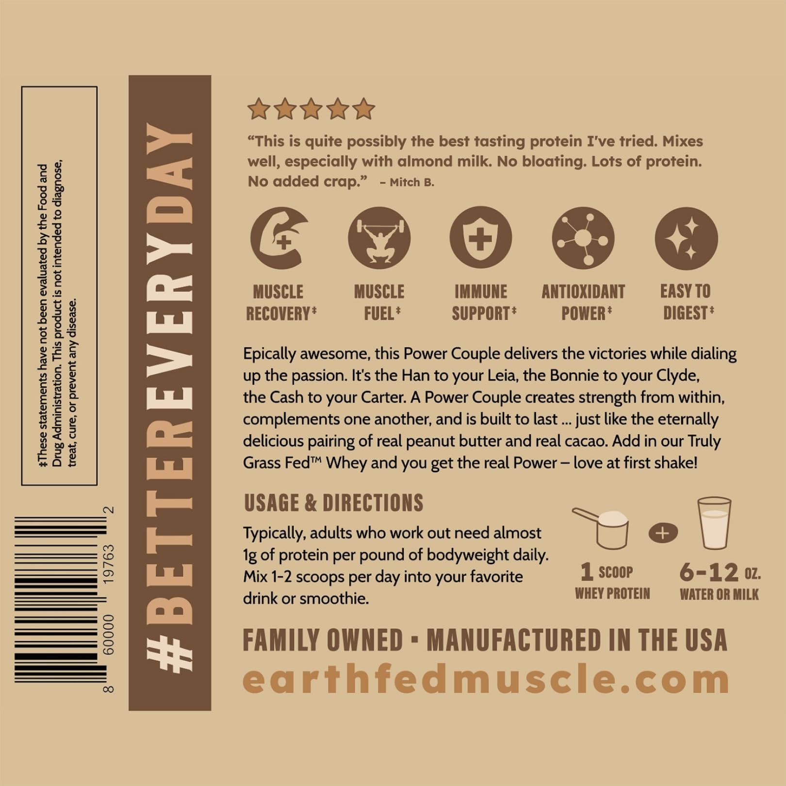 Earth Fed Muscle pantry-ready protein powder jar for daily use.