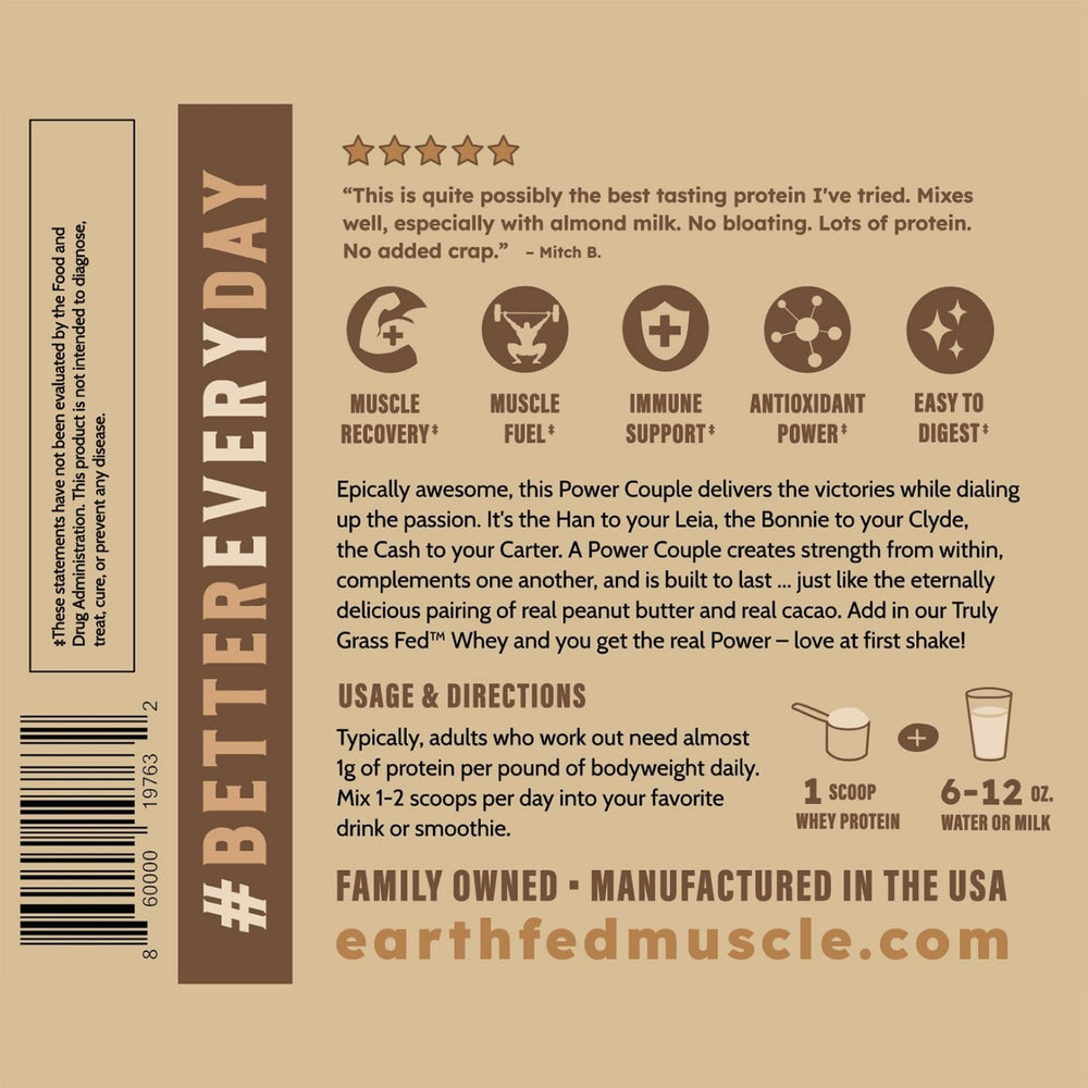 Earth Fed Muscle pantry-ready protein powder jar for daily use.