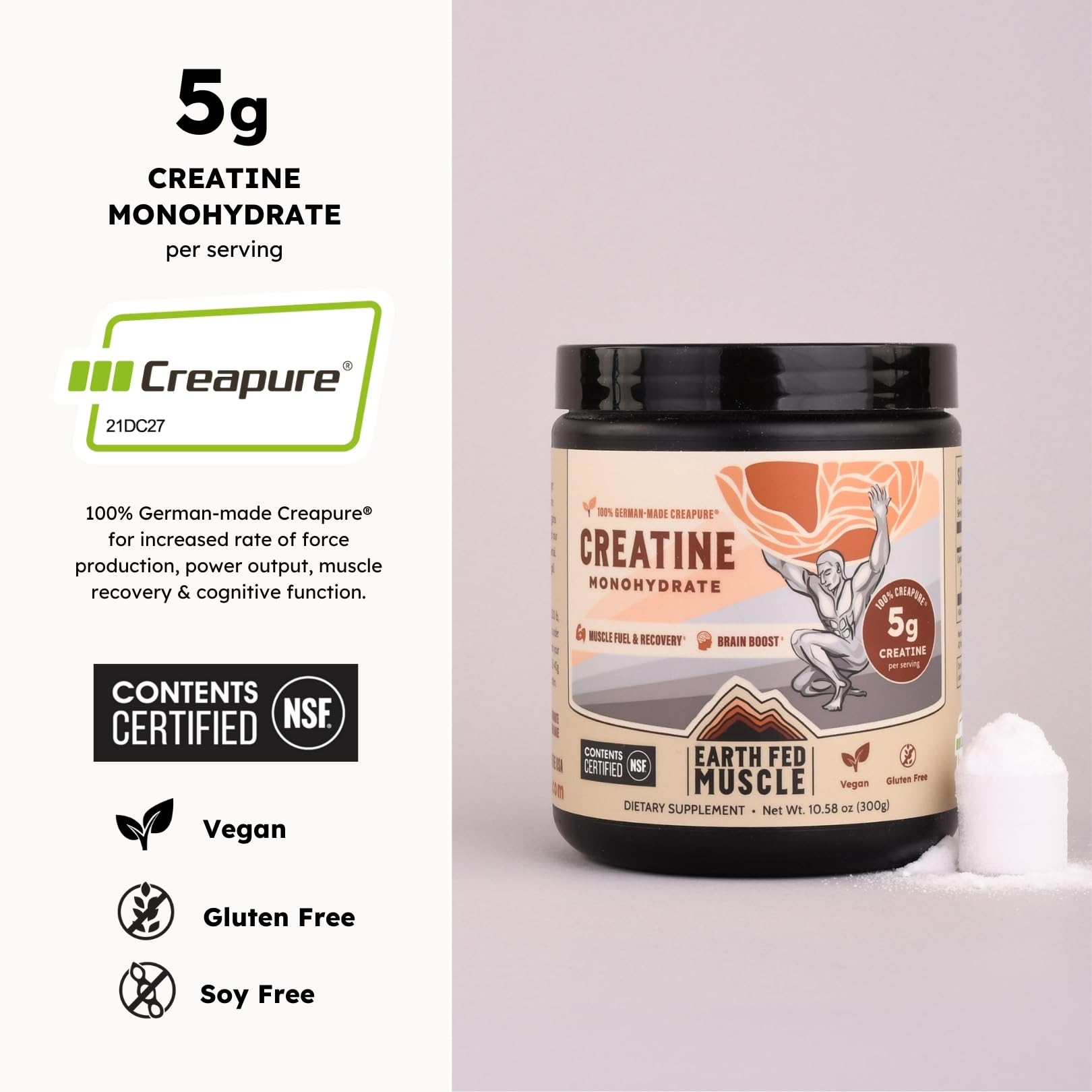 Earth Fed Muscle Transcend creatine label closeup confirms German Creapure purity for athletes.