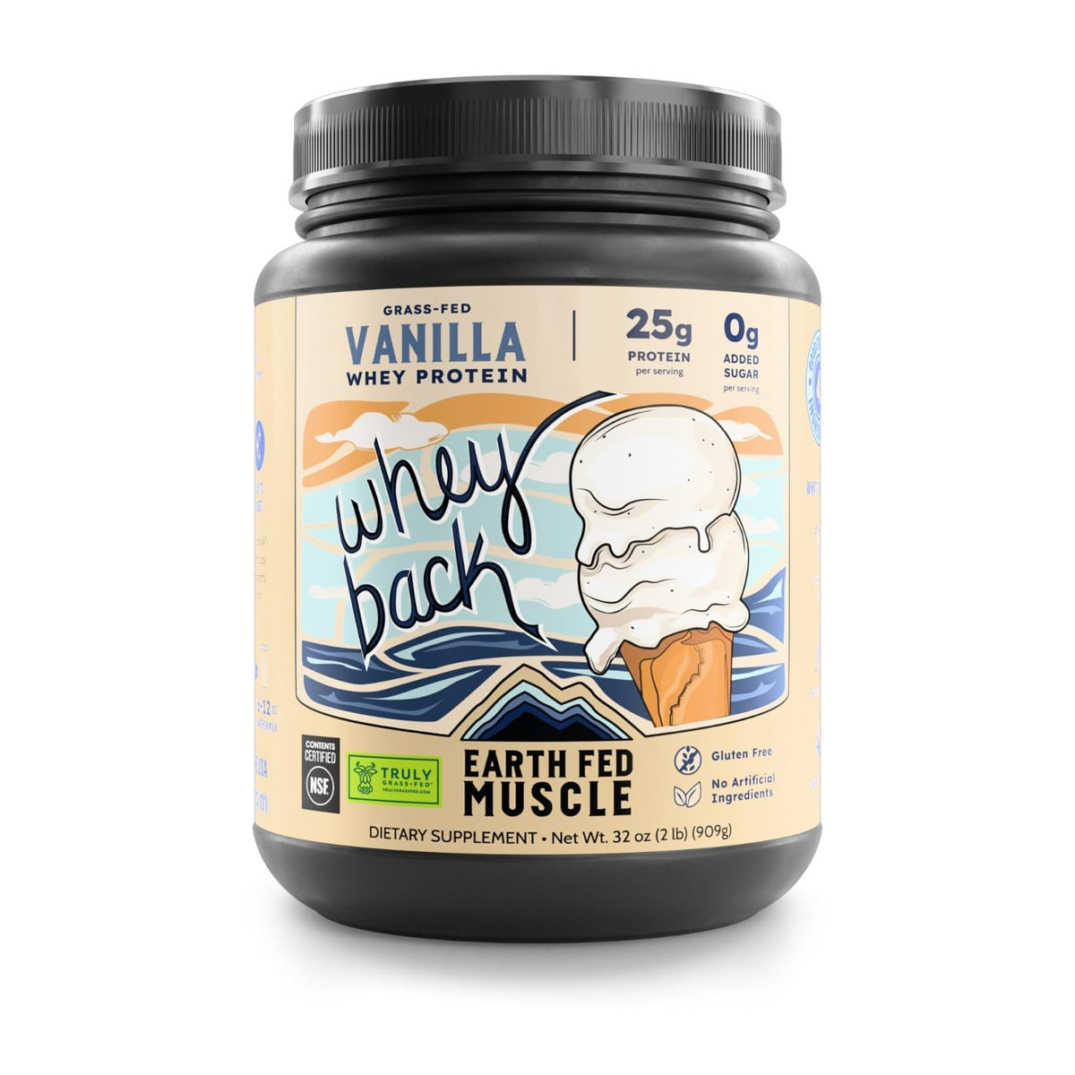 Earth Fed Muscle Whey Isolate front label highlights grass-fed, hormone-free protein.