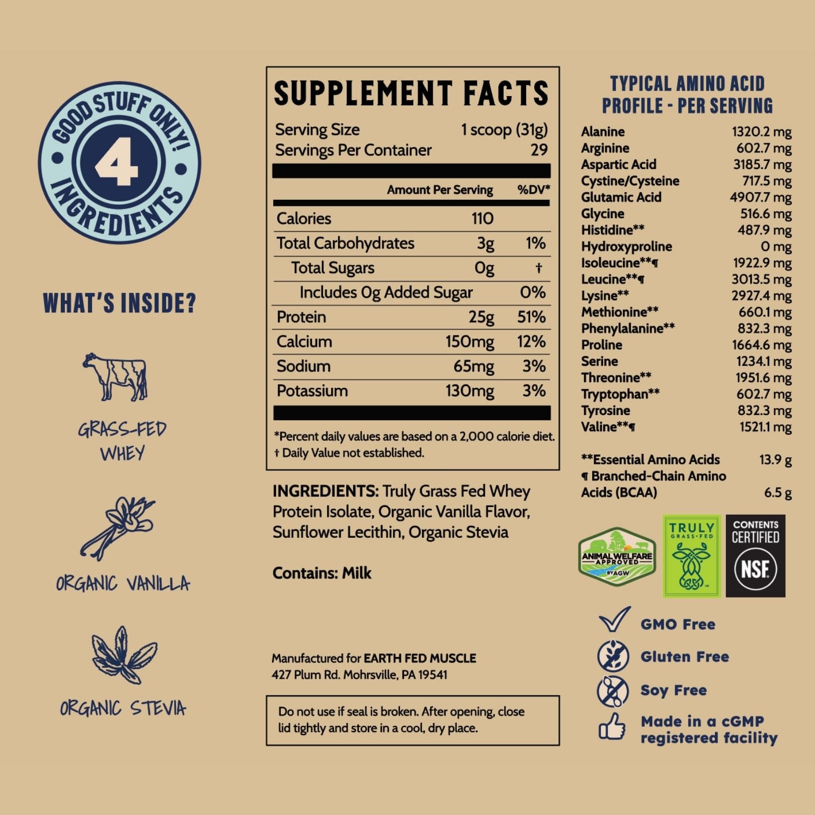 Earth Fed Muscle Whey Isolate packaging tub communicates hormone-free, gluten-free, soy-free promise.