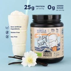 Earth Fed Muscle Whey Isolate pour glass reveals smooth vanilla shake.