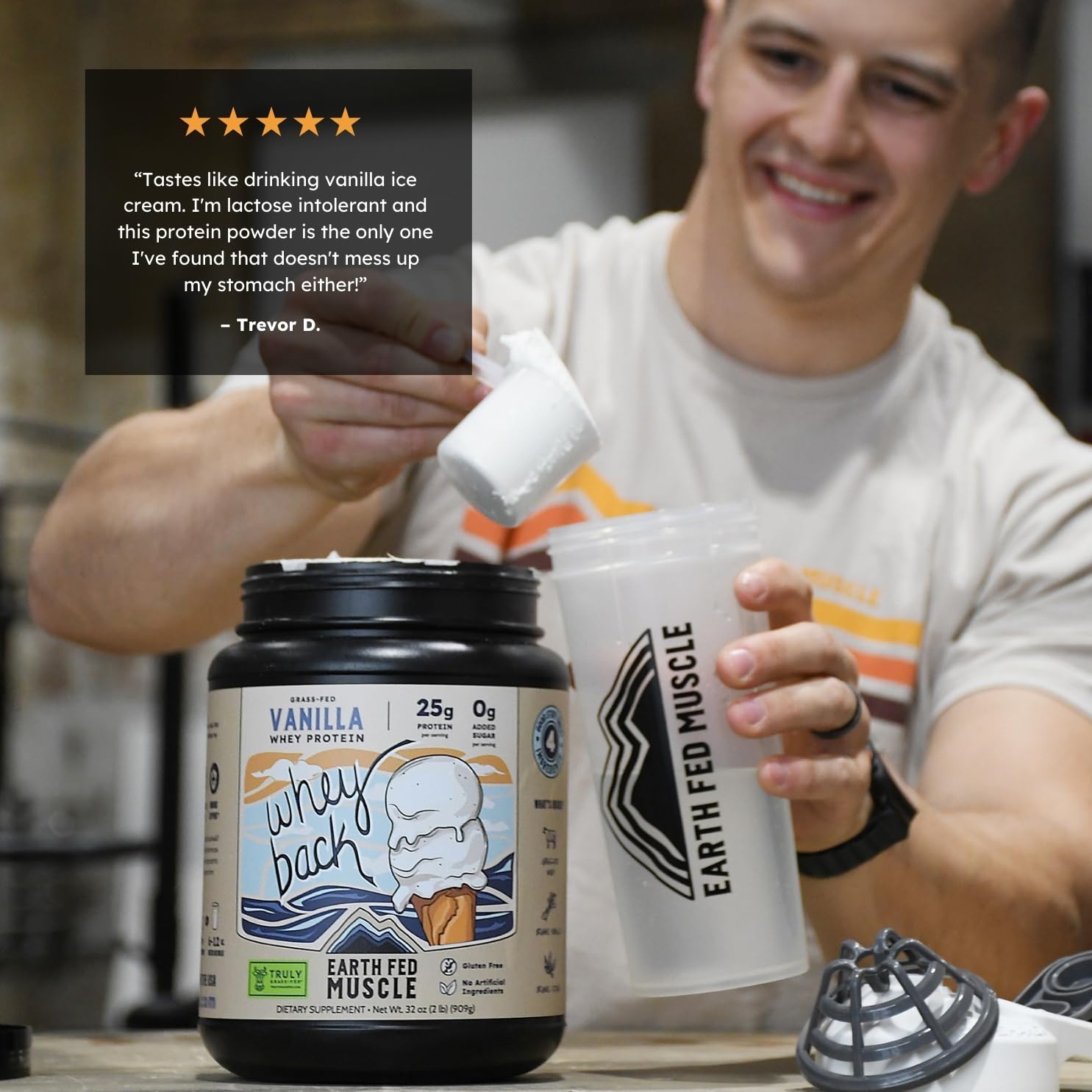 Earth Fed Muscle Whey Isolate close-up powder showcases clean ingredients.
