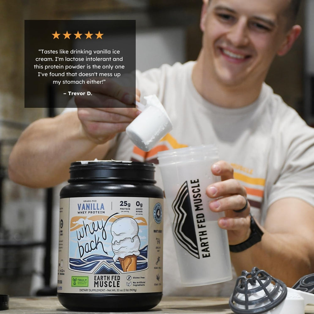 Earth Fed Muscle Whey Isolate close-up powder showcases clean ingredients.