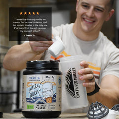 Earth Fed Muscle Whey Isolate close-up powder showcases clean ingredients.