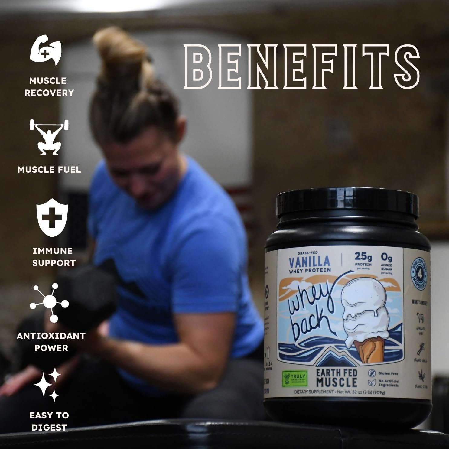 Earth Fed Muscle Whey Isolate vanilla-cream shake highlights flavor and mixability.