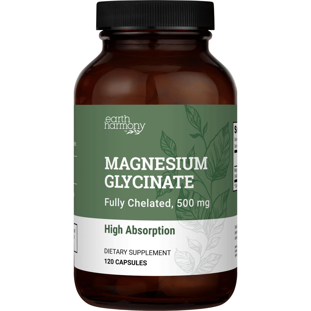Earth Harmony Naturals Pure Magnesium Glycinate 500mg bottle front highlights high-absorption formula for nightly routines.