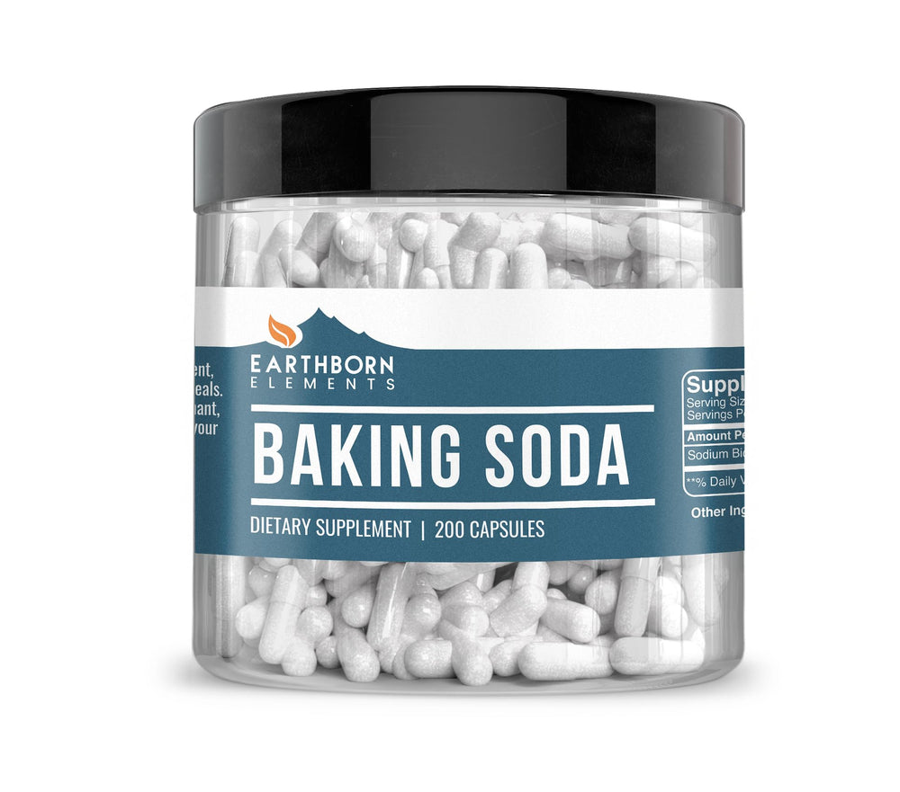 Earthborn Elements baking soda capsules close-up; pure sodium bicarbonate for versatile home tasks.