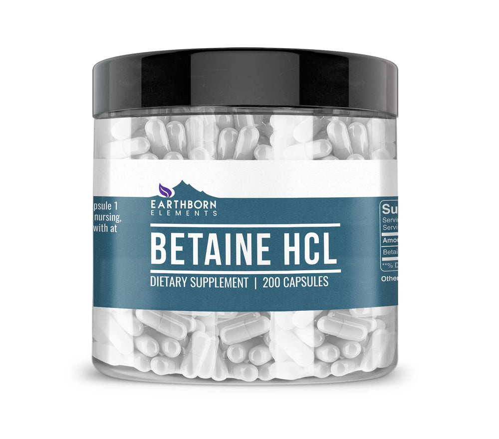 Earthborn Elements Betaine HCl bottle pour shows pure capsules with no fillers.