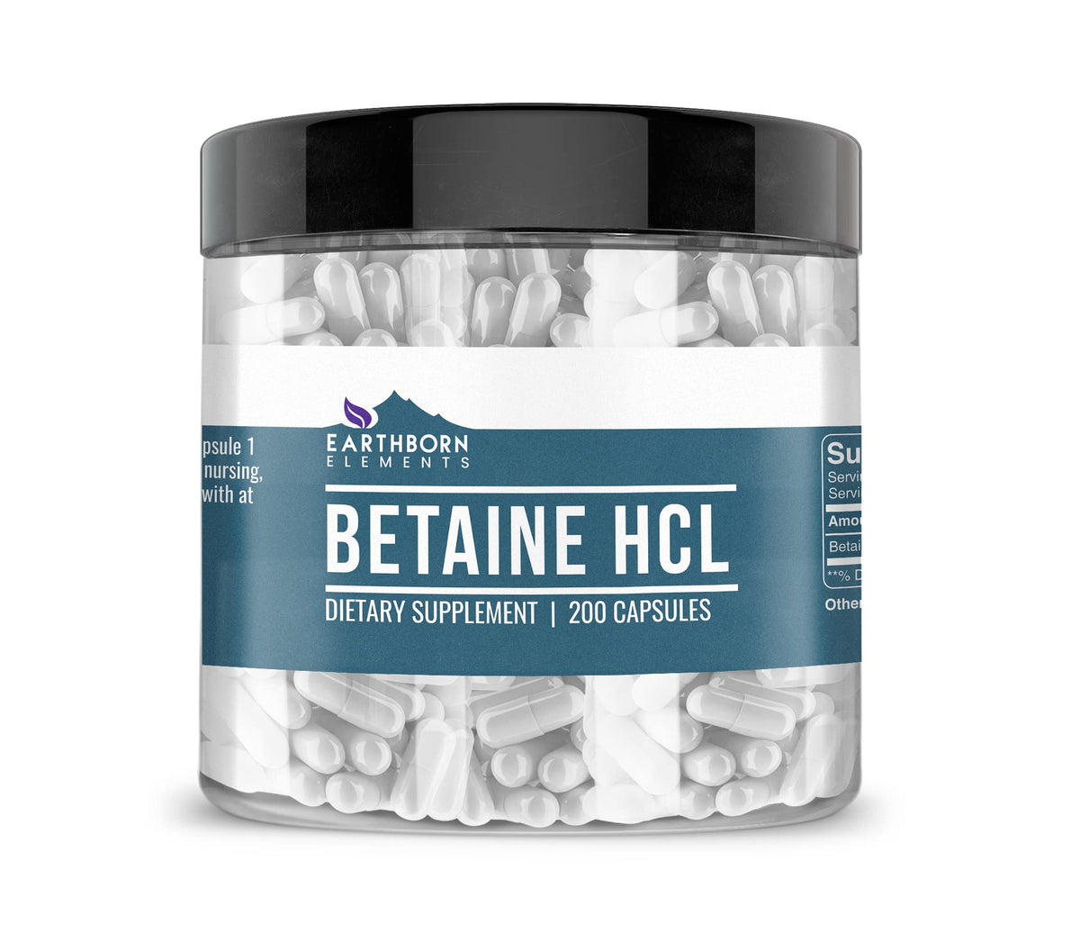 Earthborn Elements Betaine HCl bottle pour shows pure capsules with no fillers.