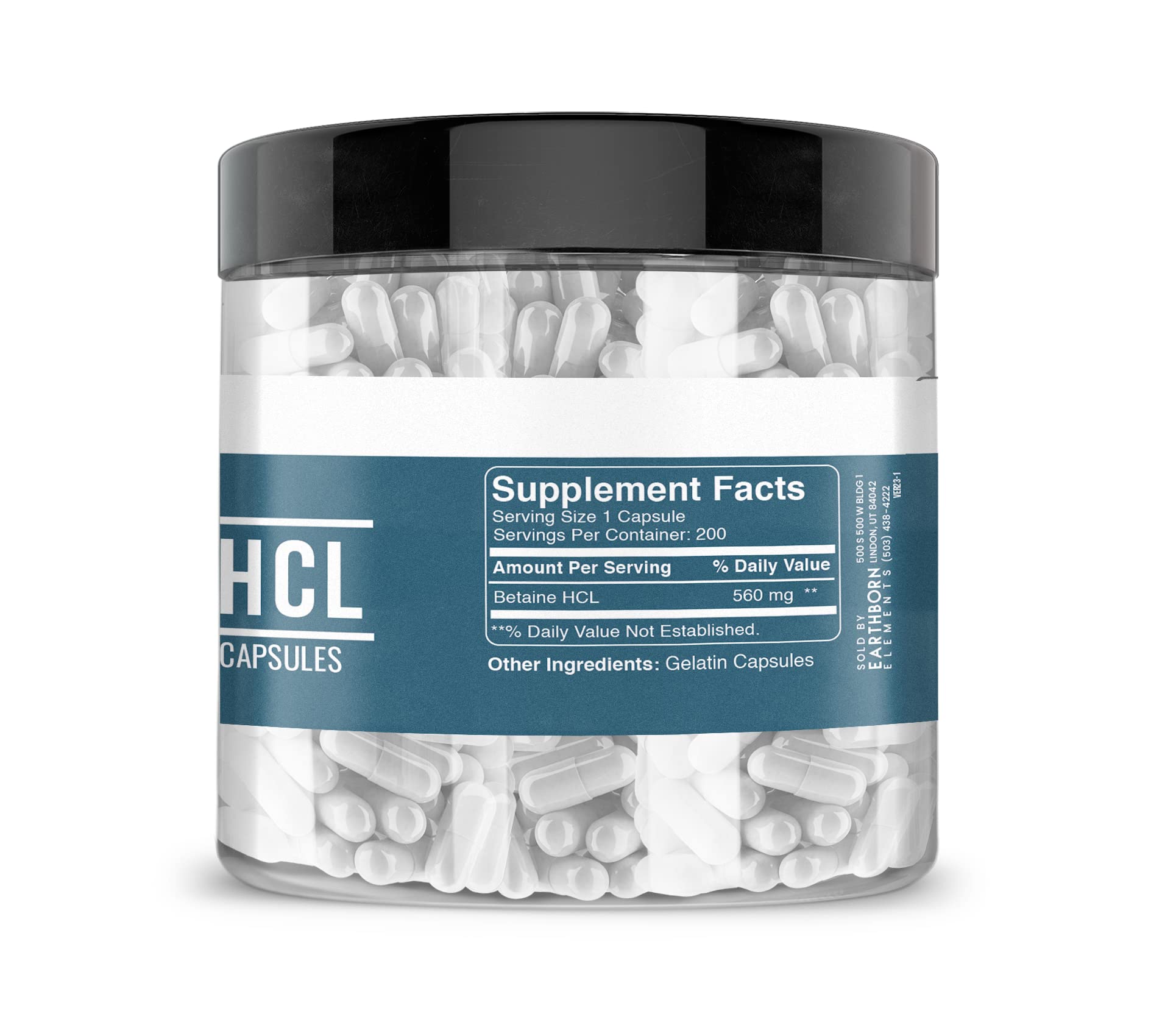 Earthborn Elements Betaine HCl jar label reveals USA-made encapsulation.