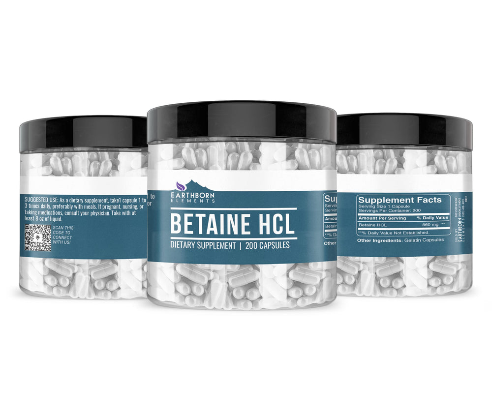 Earthborn Elements Betaine HCl in a reusable jar emphasizes a long-lasting supply.