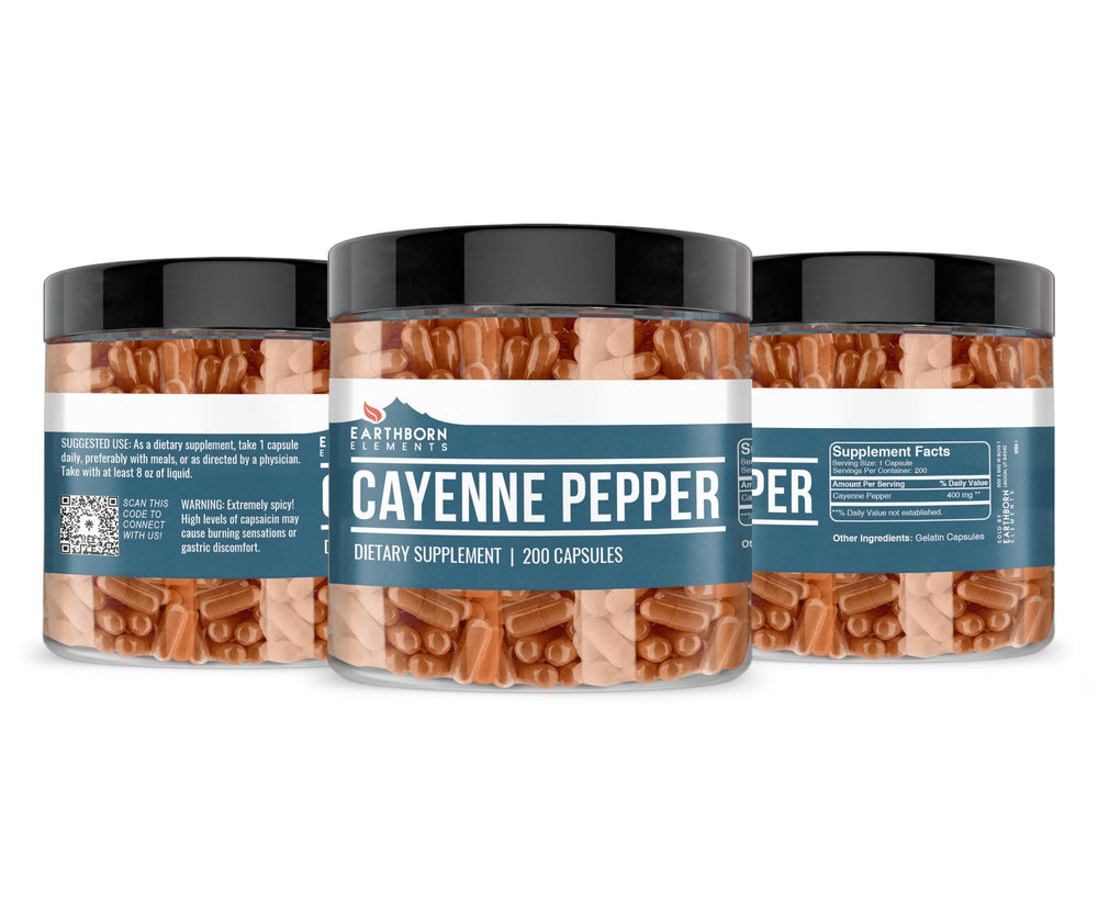 Earthborn Elements cayenne bottle view with label focus, additive-free capsules