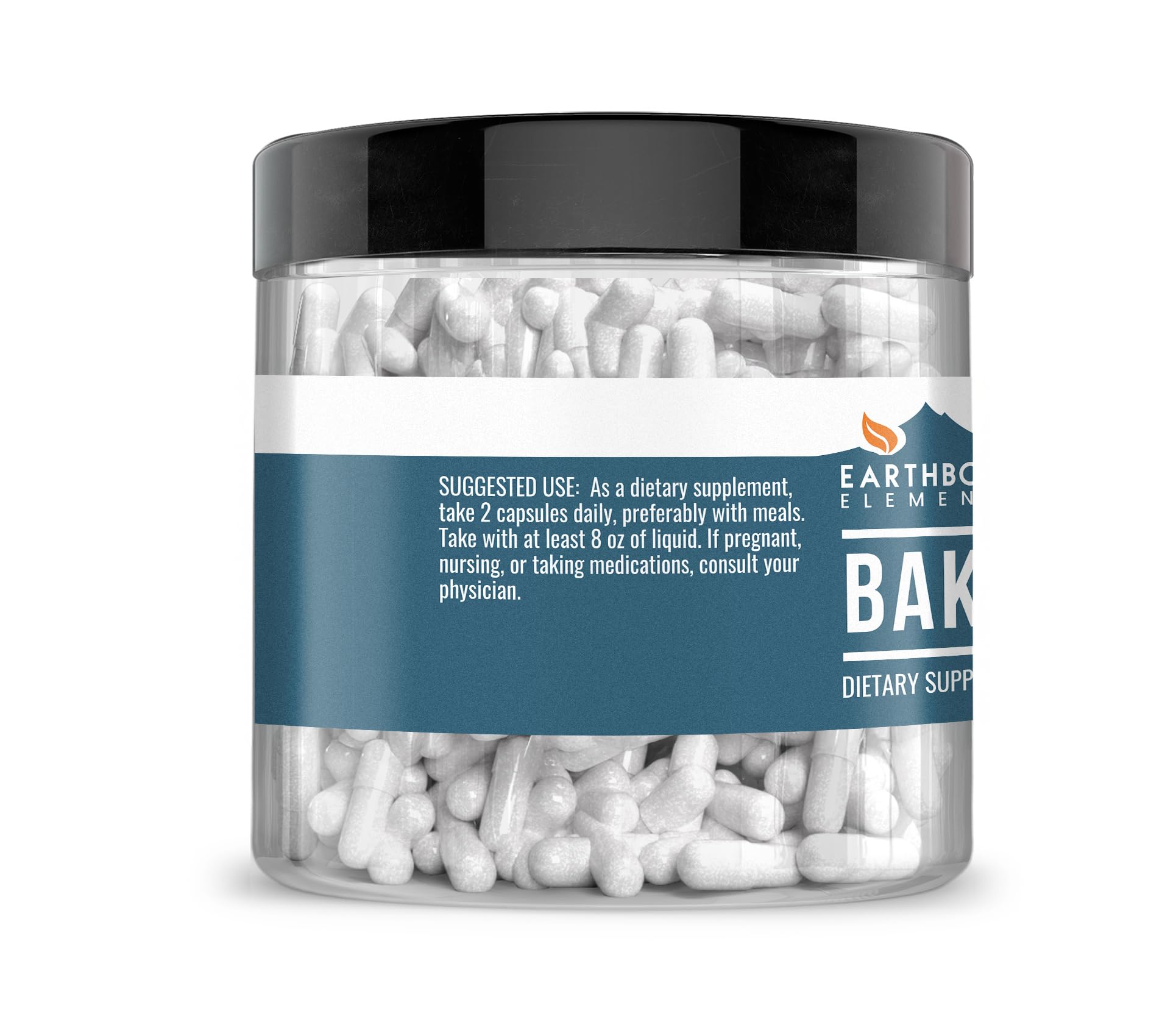 Earthborn Elements bottle of baking soda capsules; convenient pure sodium bicarbonate for cleaning and deodorizing.