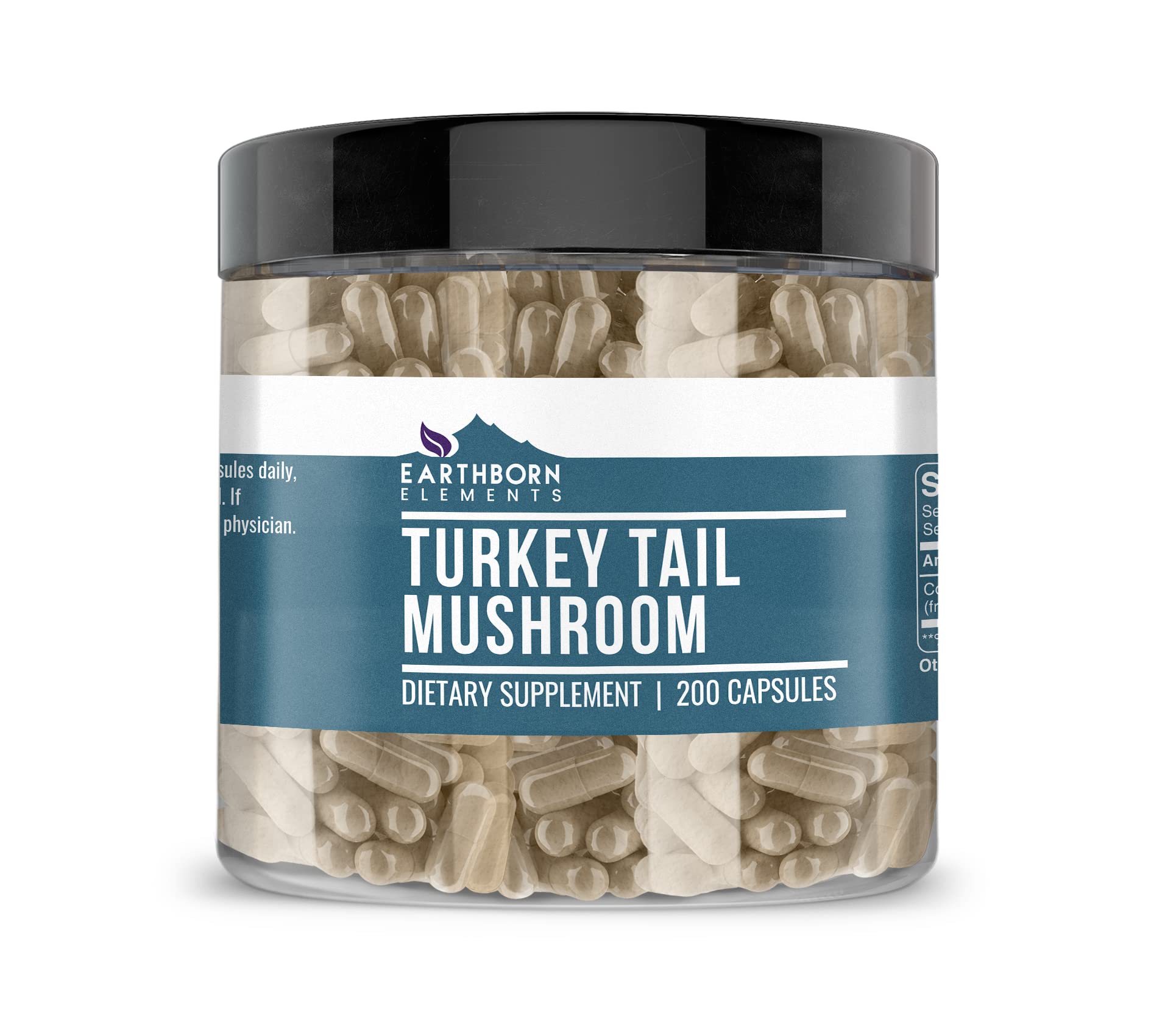 Earthborn Elements Turkey Tail capsules in a bottle for easy daily dosing.