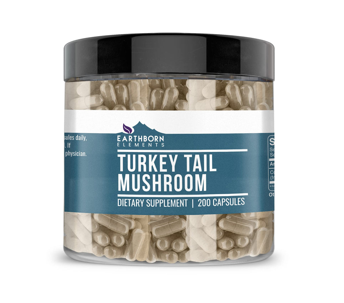 Earthborn Elements Turkey Tail capsules in a bottle for easy daily dosing.