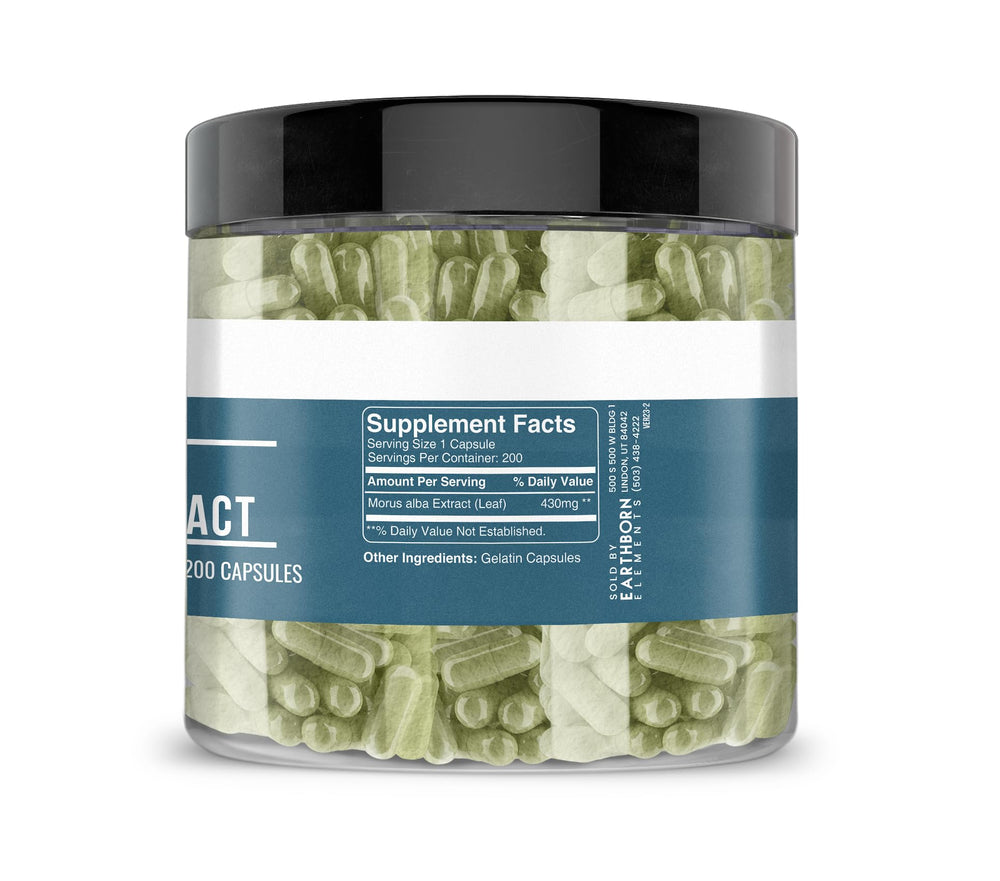 Earthborn Elements White Mulberry Leaf Extract bottle close-up highlighting pure capsules for everyday wellness