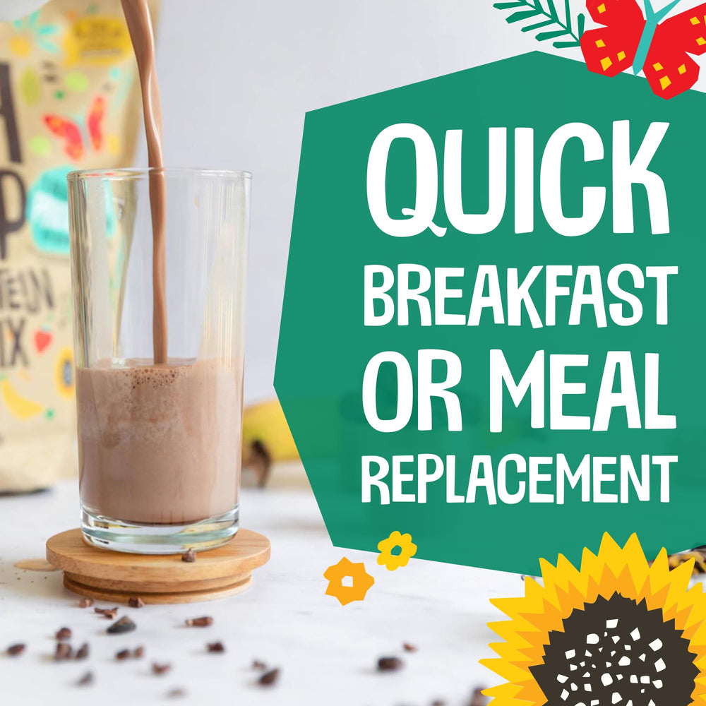 EarthChimp dairy-free non-whey protein powder chocolate supports plant-based meals