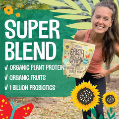 EarthChimp dairy-free protein tub emphasizes no added sugar and dairy-free formula.