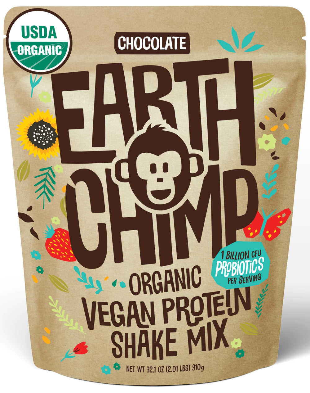 EarthChimp organic vegan protein powder chocolate 32oz tub for clean post-workout protein