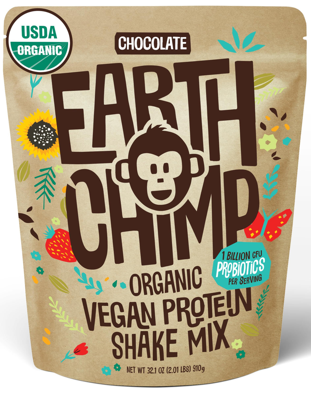 EarthChimp organic vegan protein powder chocolate 32oz tub for clean post-workout protein
