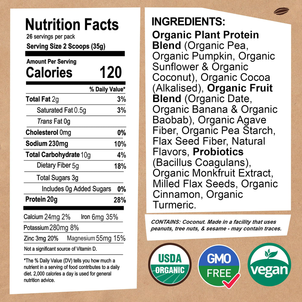 EarthChimp probiotics vegan protein powder chocolate tub adds gut-friendly nutrition