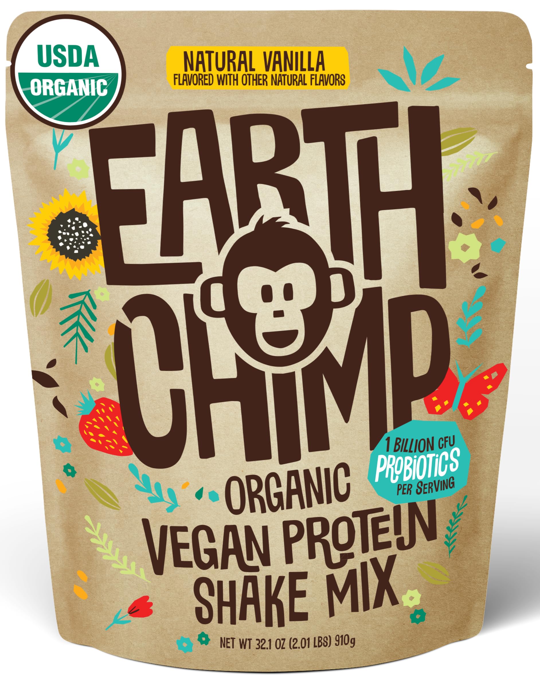 EarthChimp Vanilla protein bottle shows organic vegan formula for quick daily shakes.