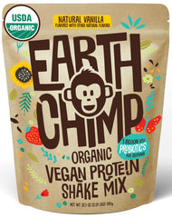 EarthChimp Vanilla protein bottle shows organic vegan formula for quick daily shakes.