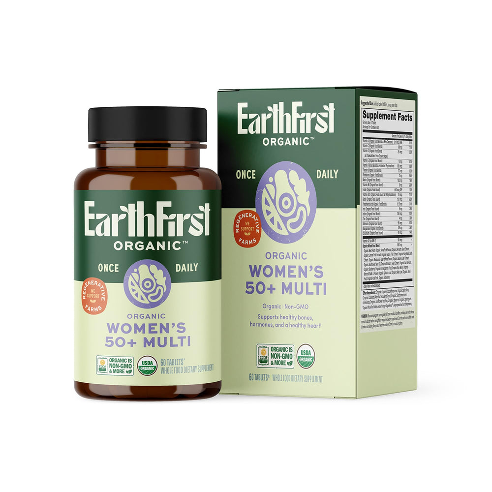 EarthFirst Organic Once Daily Multivitamin for Women 50+ bottle highlighting bone-support nutrients.