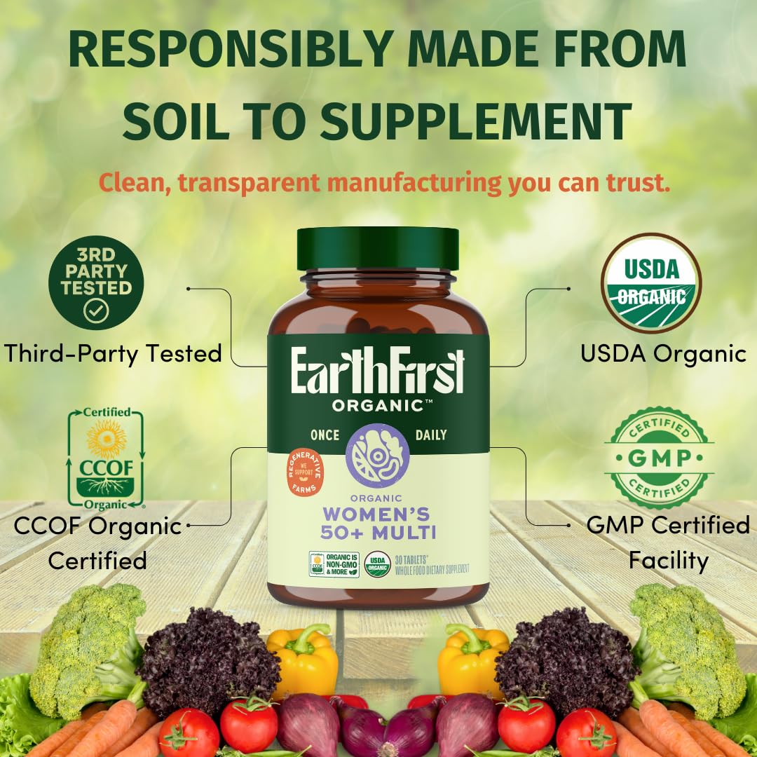 EarthFirst Organic daily-use image shows a tablet ready to take as part of a routine.