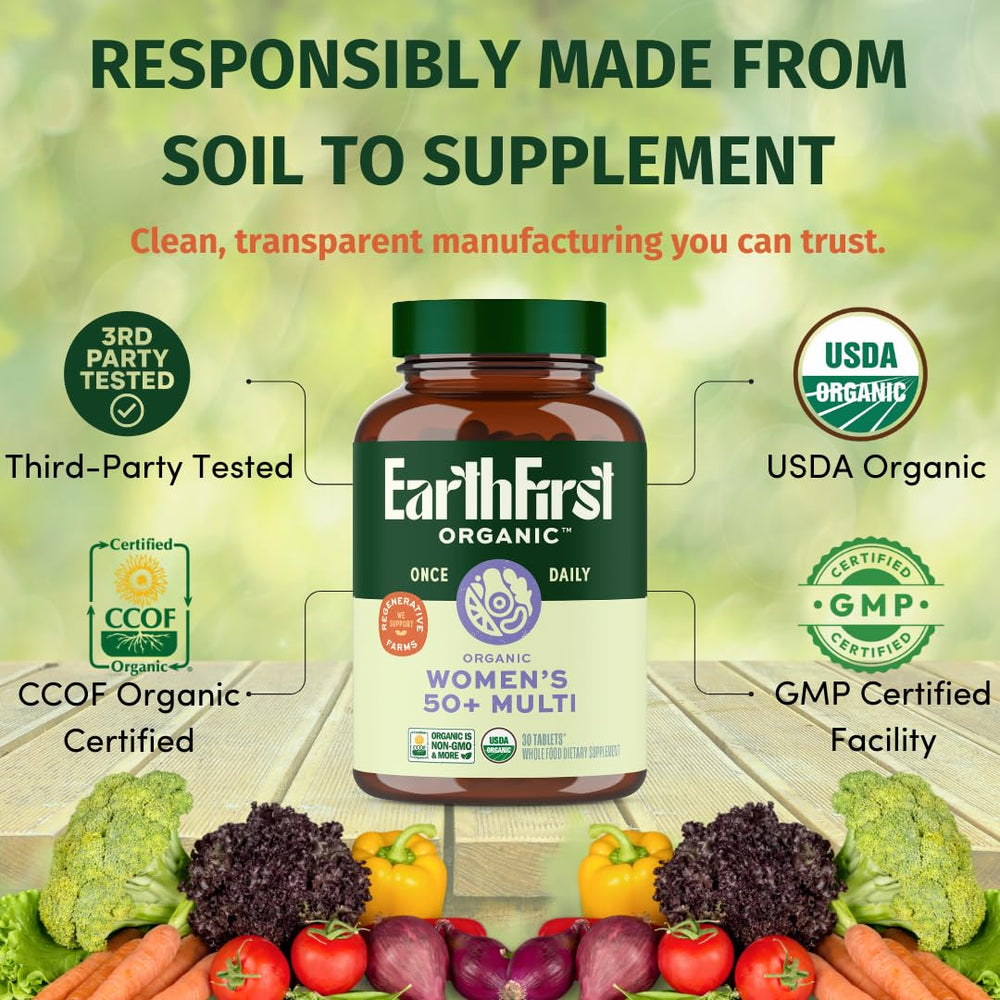 EarthFirst Organic daily-use image shows a tablet ready to take as part of a routine.