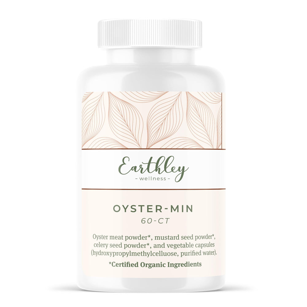 Earthley Oyster-Min capsules bottle closeup highlighting zinc-rich minerals for daily energy