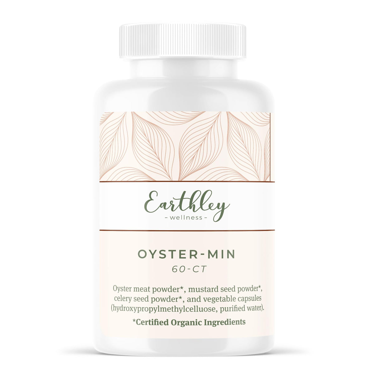 Earthley Oyster-Min capsules bottle closeup highlighting zinc-rich minerals for daily energy