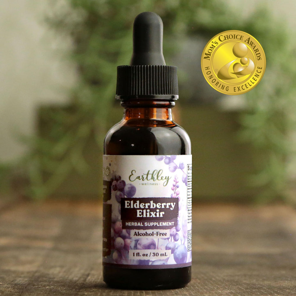 Earthley Wellness Elderberry Elixir Drops mullein supports lung-friendly herbal blend.
