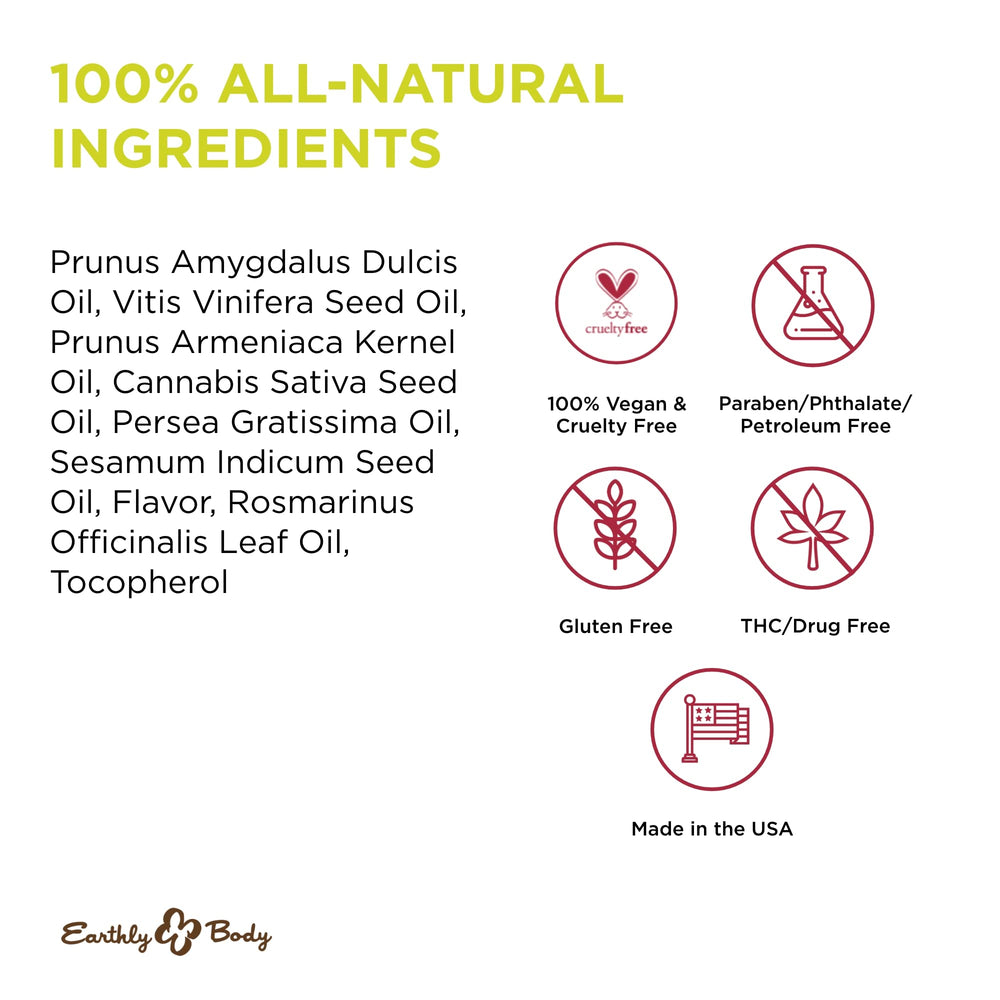 Earthly Body oil blend image highlights silky slip for smooth, comfortable massages