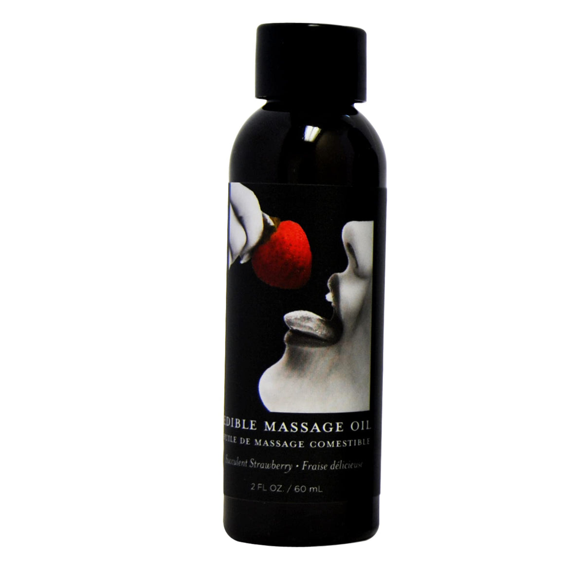 Earthly Body Edible Massage Oil strawberry bottle offers a silky glide and moisturizing feel.