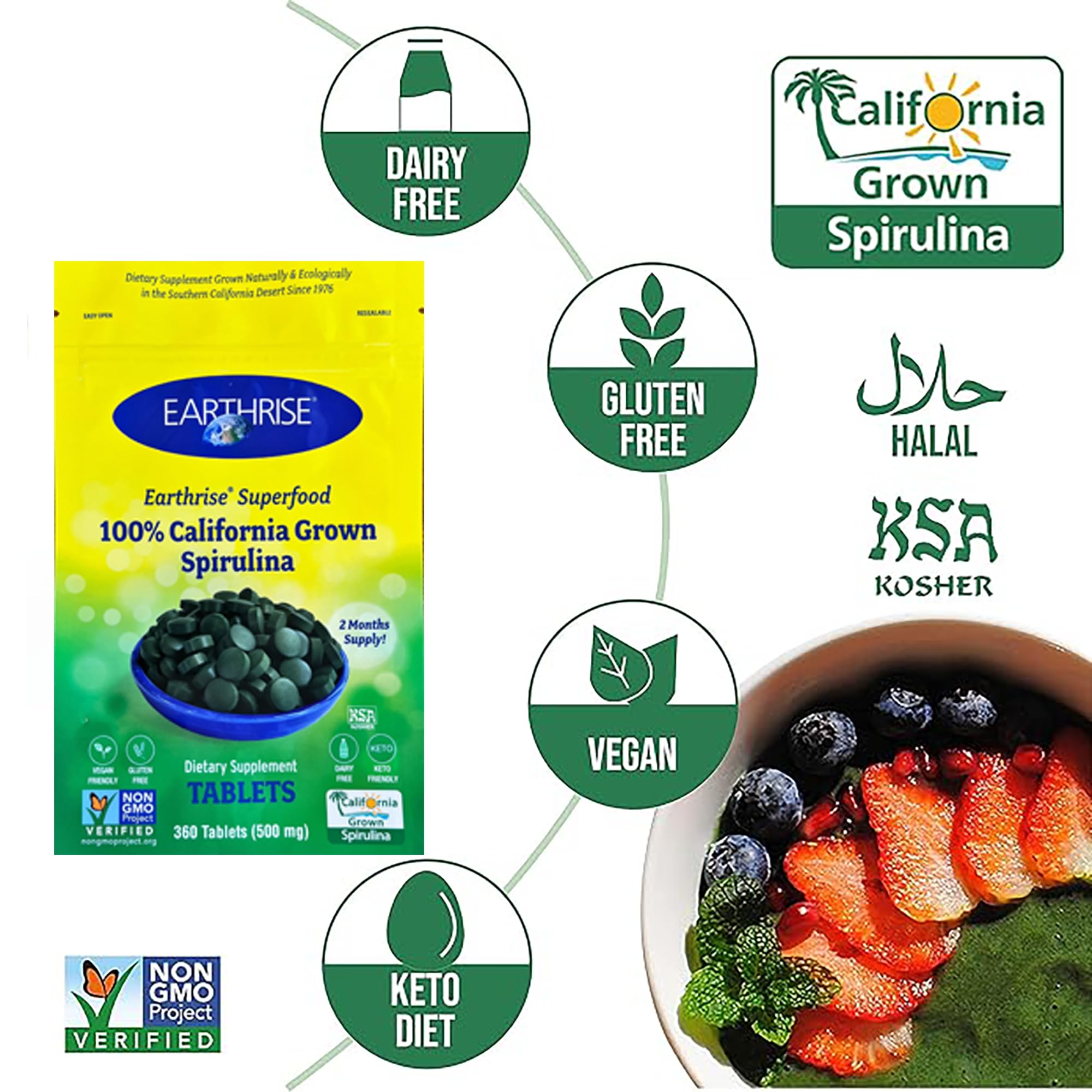 Earthrise California-grown spirulina fields, sustainable source for nutrient-dense supplement.
