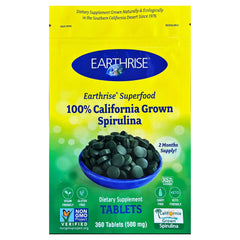 Earthrise spirulina 500mg tablets bottle front view, vegan and gluten-free formula.