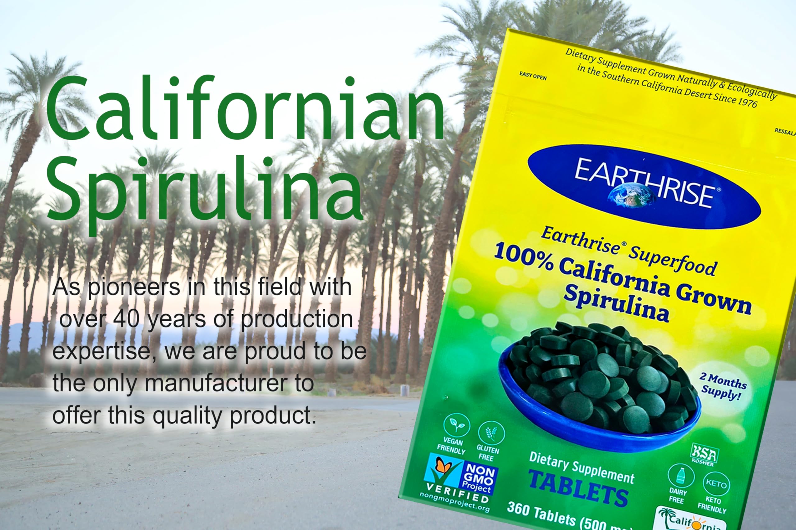 Earthrise spirulina 500mg tablets packaging, gluten-free status clearly shown.
