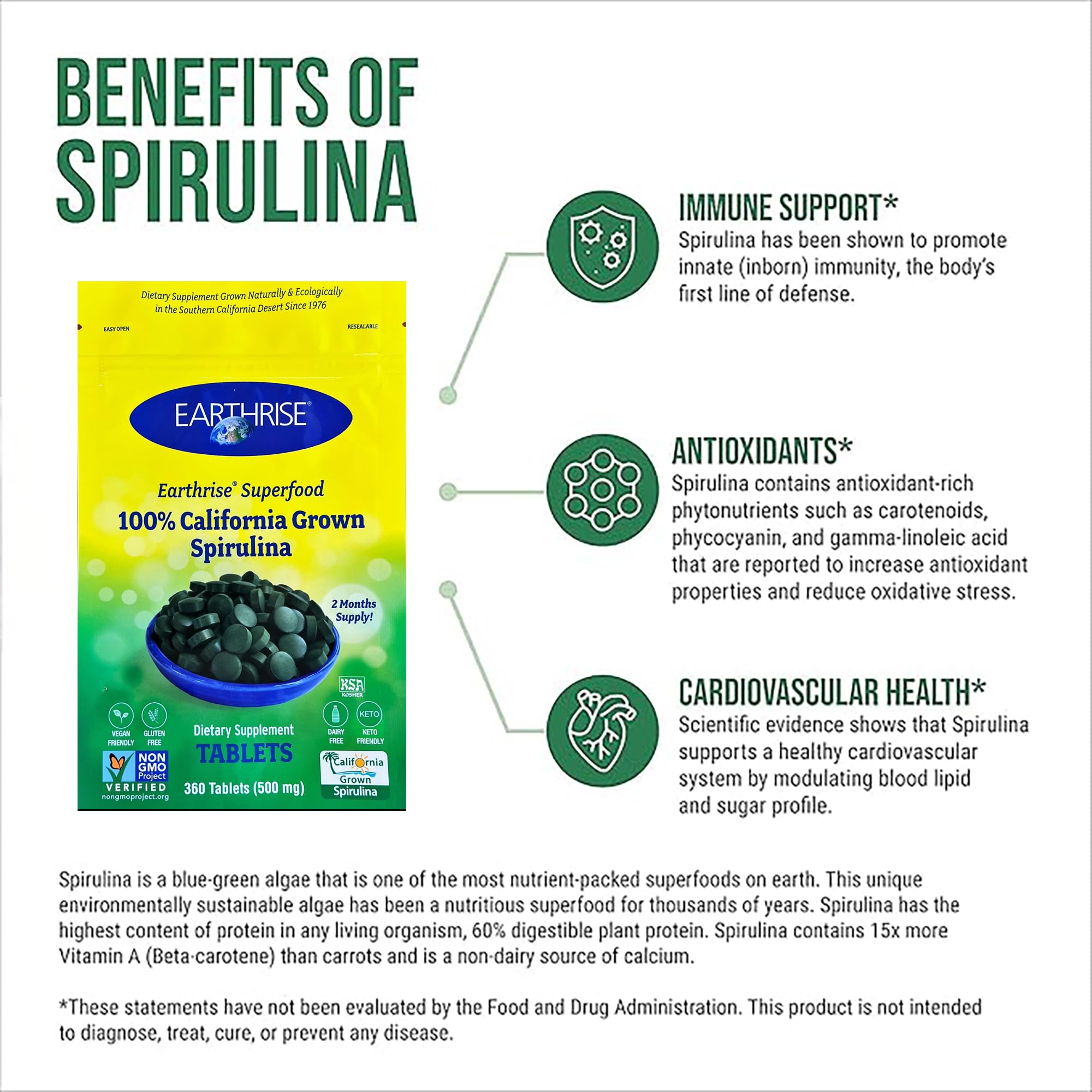 Earthrise 500mg spirulina tablets bottle side, keto-friendly daily supplement.